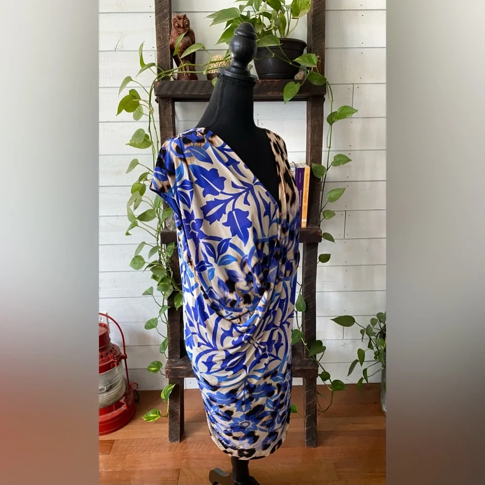 Nine West: Blue V Neck Mixed Animal and Floral Print Dress
